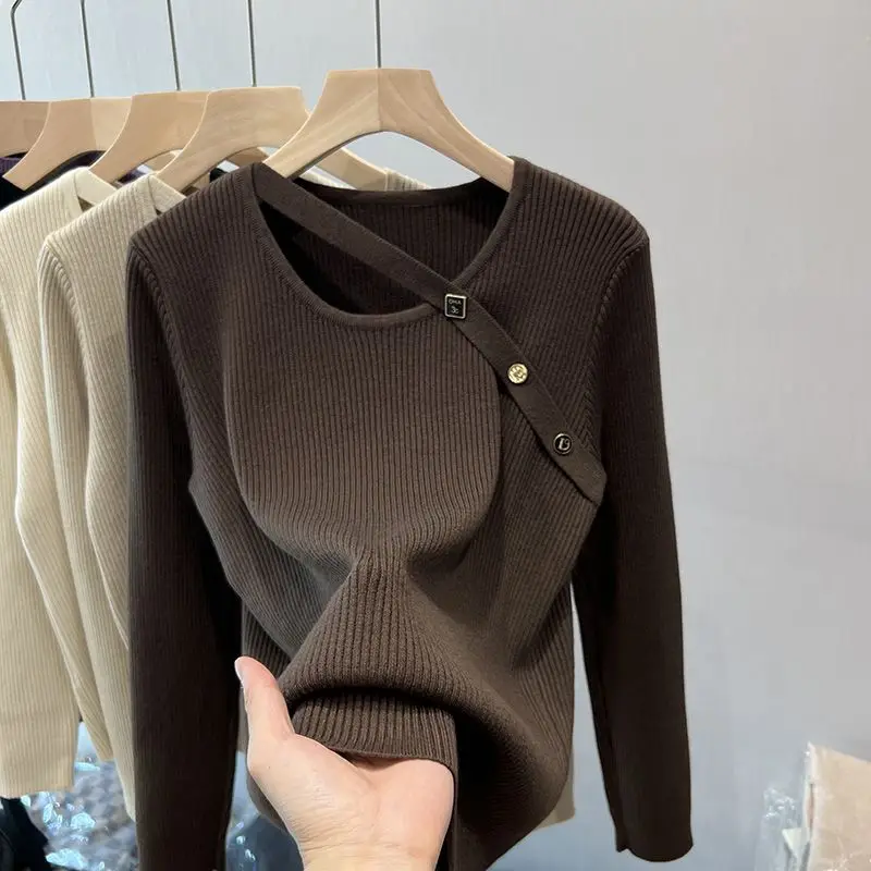 

Fashion O-Neck Button Spliced Asymmetrical Blouses Women's Clothing 2023 Autumn Winter Loose Knitted Commuter Tops Korean Shirts