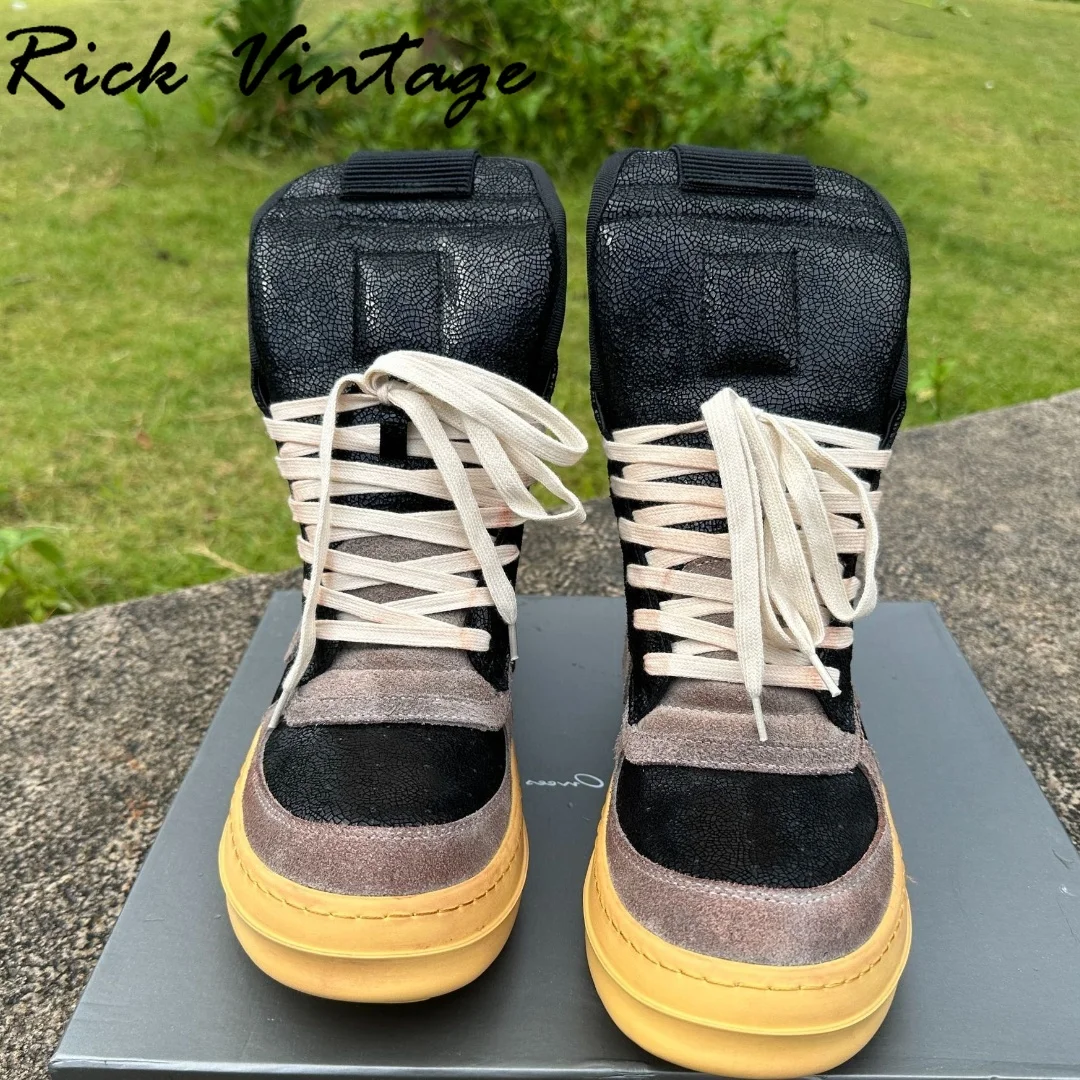 Rick Vintage Quality Men Genuine Leather High-top Ankle Boots Mixed Colors Lace-up Platform Shoes Women Designer Brand Sneakers