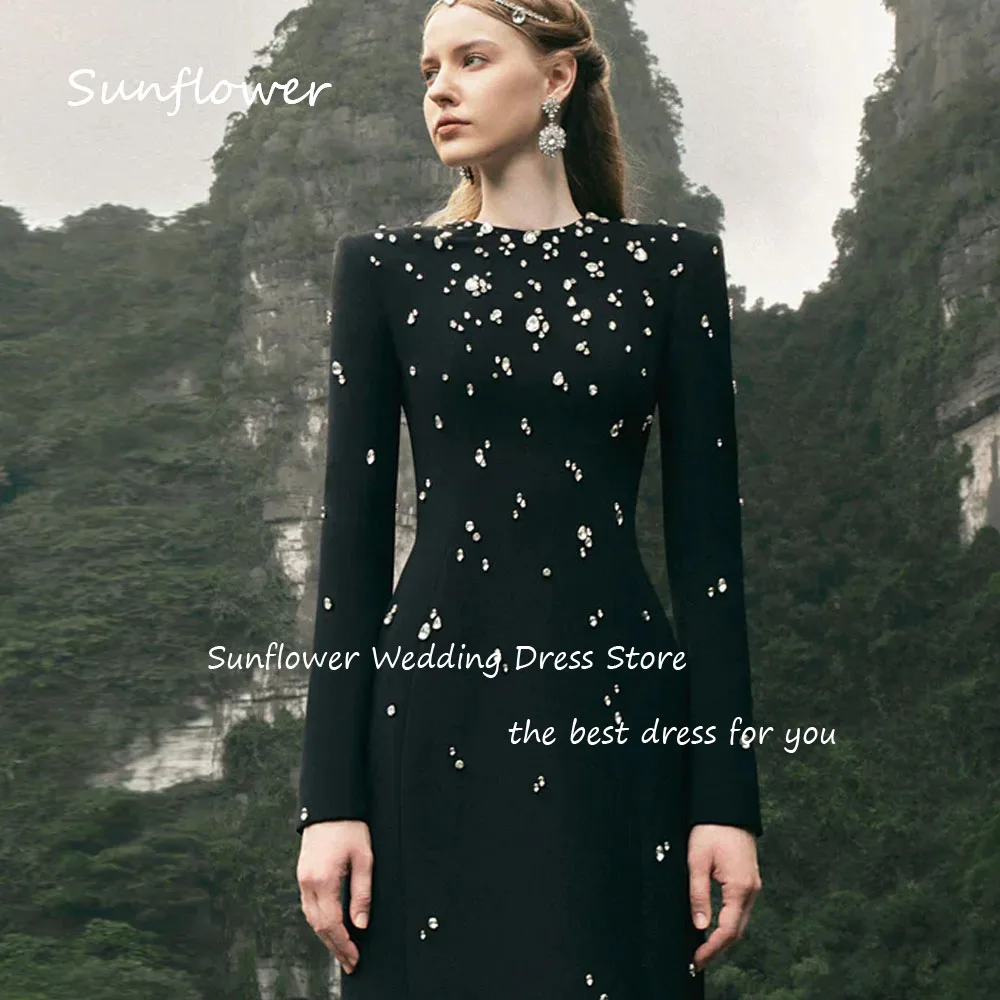 Sunflower Black Beading O-Neck Mermaid Formal Evening Dress Saudi Arabia 2024 Slim Crepe Long Floor-Length Prom Dress