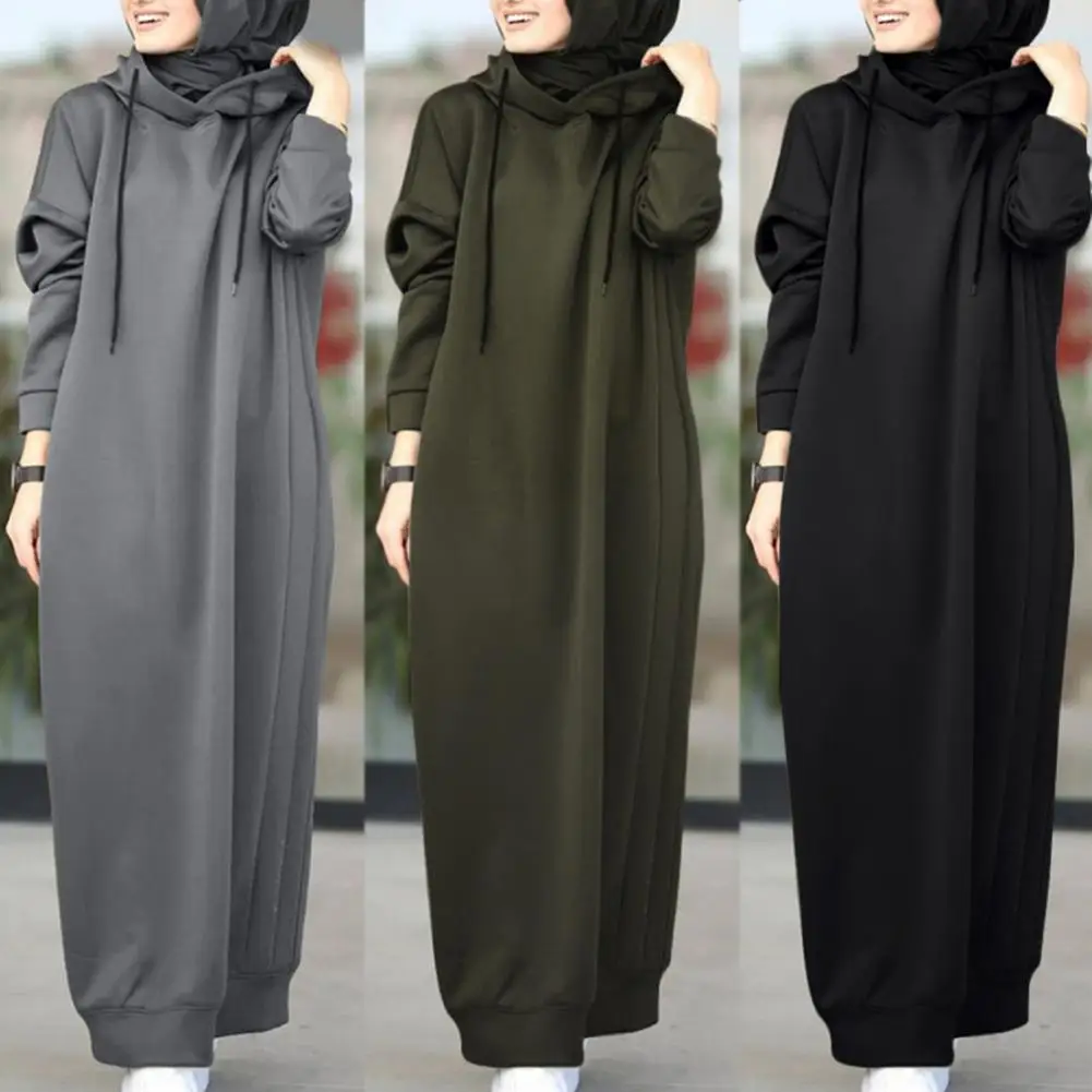 Trendy Skin-touch Simple Casual Autumn Winter Traditional Hoodie Long Dress Thick Comfy Traditional Dress for Shopping