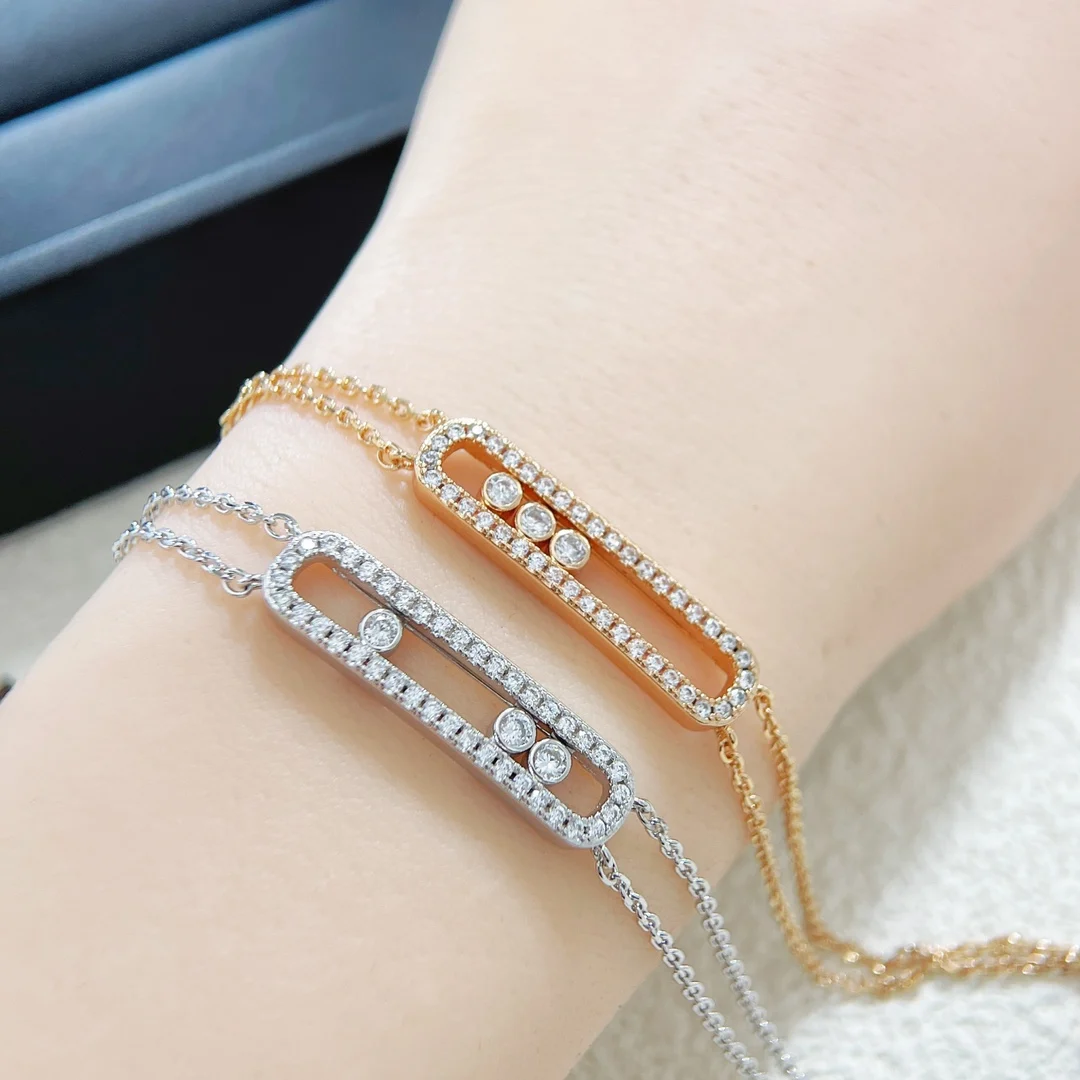 

Luxury Jewelry 925 Pure Silver Romantic Women's Three Diamond Sliding Zircon Double Layer Bracelet French Anniversary Gift