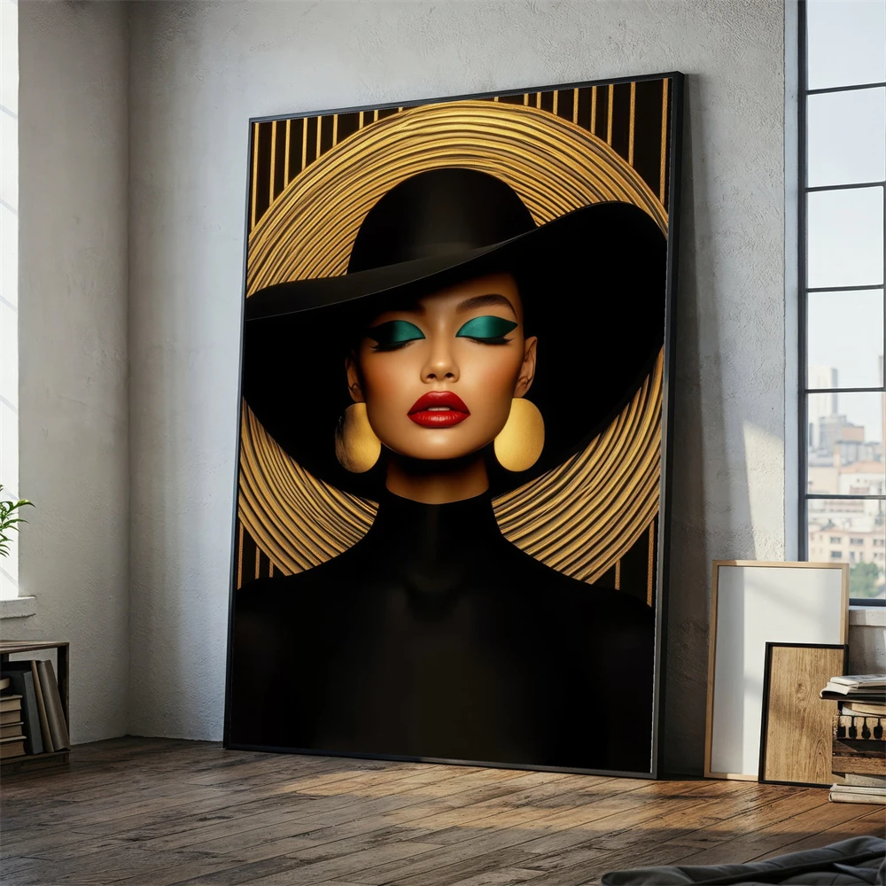 Modern Glam Portrait Canvas Painting Woman in Black Hat Wall Art Prints Gold Circle Background Bold Makeup Canvas Poster Decor