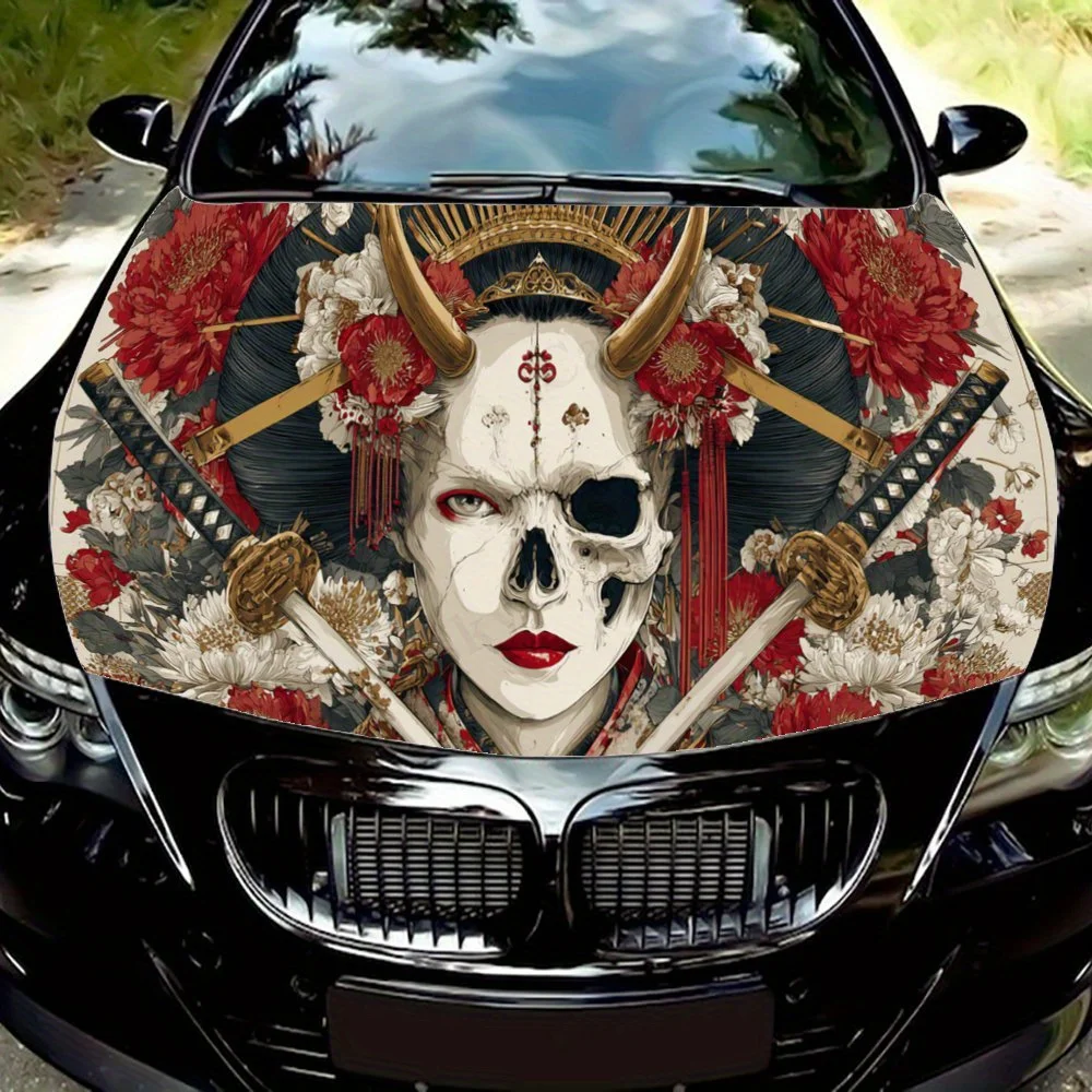 

Виниловая пленка для автомобиля с цветочной тенью и черепом гейши, водонепроницаемая наклейка на капот автомобиля из ПВХ, самоклеящиеся устойчивые к царапинам наклейки для двигателя
