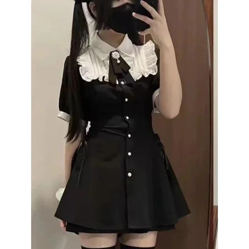 

Japanese Contrast Color High Waist Student Lolita Dresses Harajuku Ruffled Femme Robe Single Breasted 2025 Summer Women Vestidos