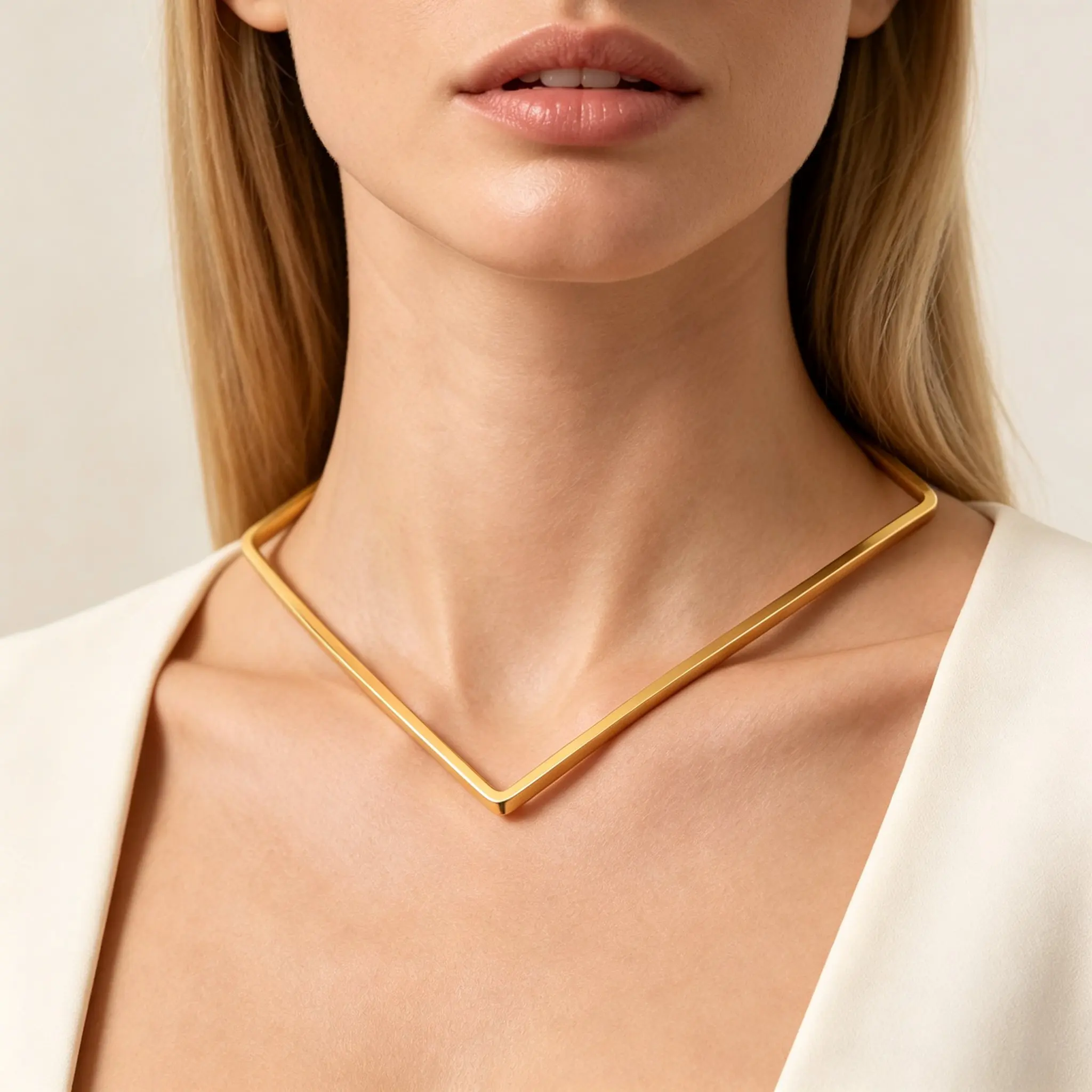 Geometric V Choker Necklace for Women,18K Gold Plated Thick Tube Open Collar,Modern Simple Party Layering Neck Ornament Gift