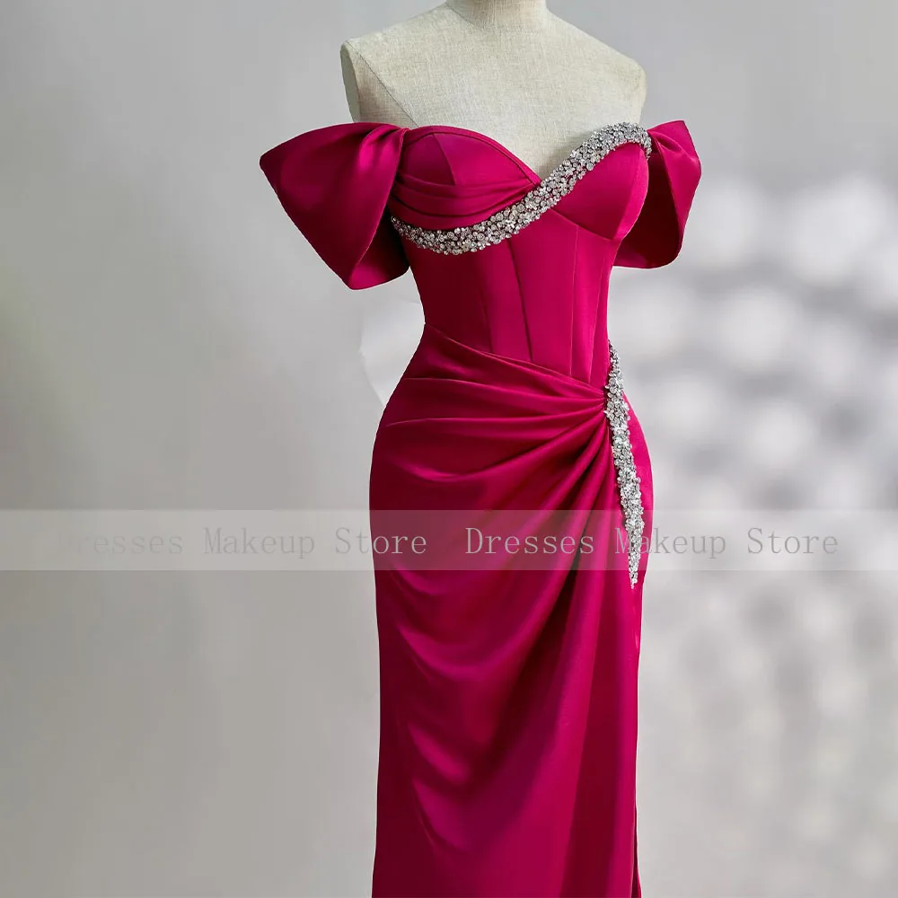 Fuchsia Prom Dress Off the Shoulder Crystals Sweetheart Column Prom Gowns for Women 2024 Floor Length Ruched Formal Party Dress