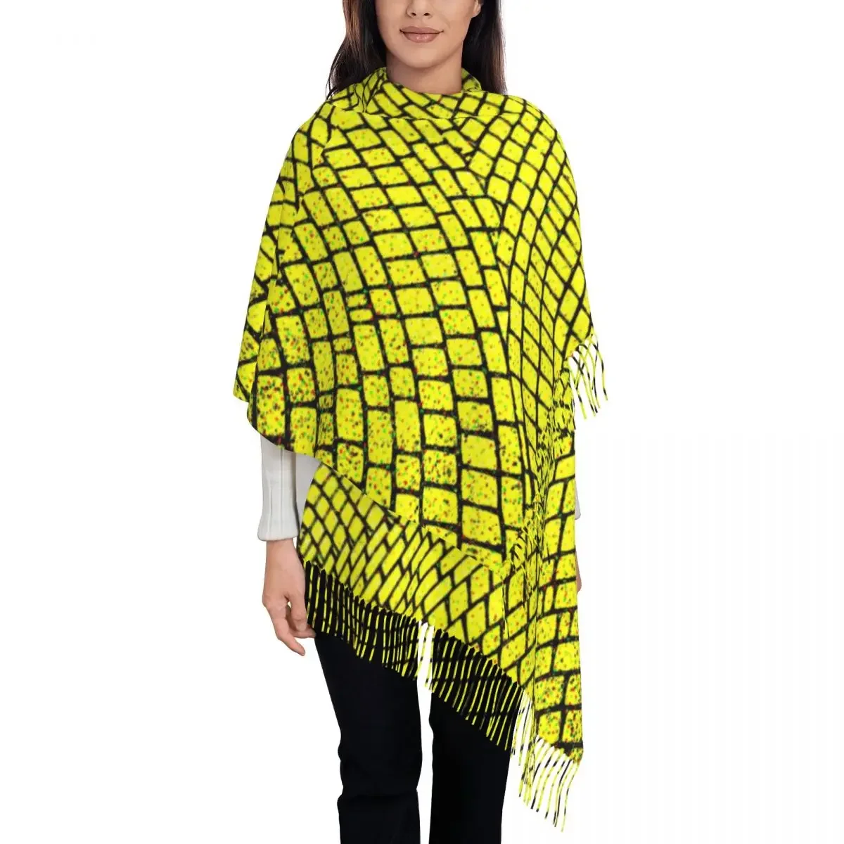 Geometric Art Scarf with Long Tassel Yellow Brick Road Print Warm Shawls and Wrap Unisex Scarves Wraps Winter y2k Cool Bandana