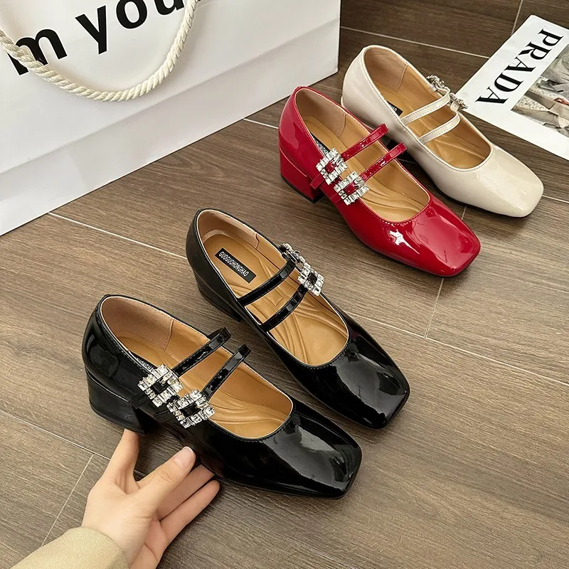 2024 Spring New Women Shoes Fashion Red Ladies Elegant Mary Jane Shoes Square Heel Casual Dress Outdoor Ballerinas