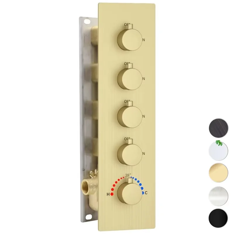 Contemporary 4-Way Thermostatic Shower Valve Brushed Gold Bronze Polished Brass 4 Outlet Shower Diverter Mixing Ceramic Rain