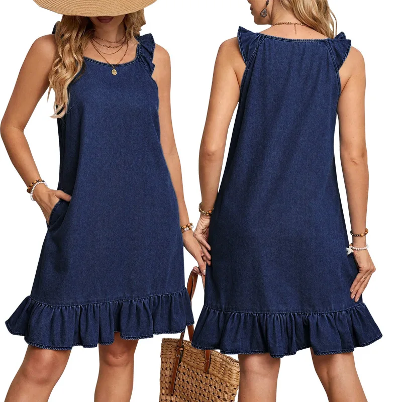 

218586 New Women's Fashion New Round Neck Sleeveless Pleated Short Dress Direct from Factory