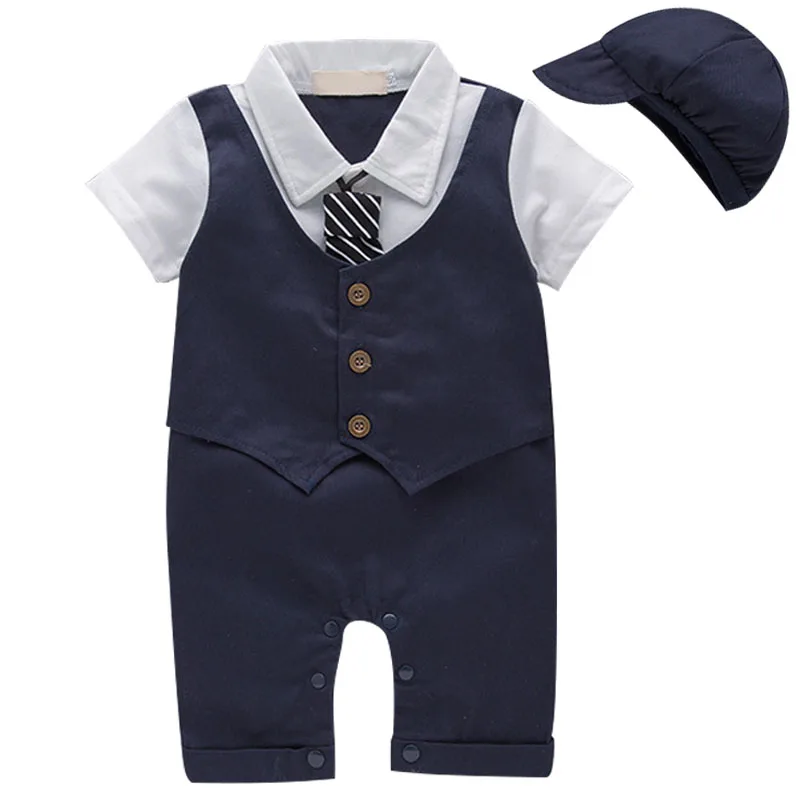 

2Piece Sets Summer Newborn Boys Clothes Korean Fashion Gentleman Short Sleeve Romper Jumpsuit+Hat Baby Boutique Clothing BC1074