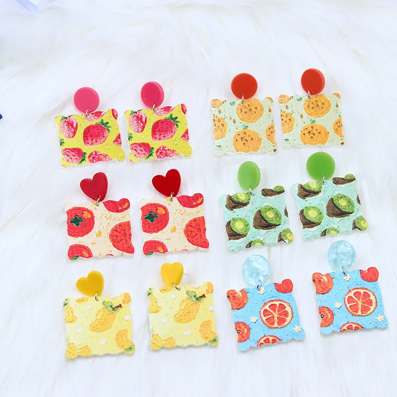 Acrylic printed fruit series earrings, earrings, simple and fashionable personalized strawberry orange stud earrings, ear jewelr