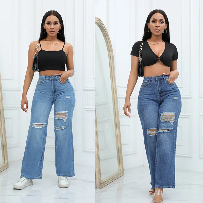 

Wide Leg Denim Hole Pants Women Ripped Ankle Length Jean Distressed Washed Pockets High Waist Jeans Loose Zipper Fly Basics