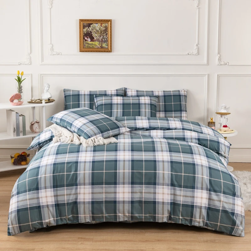 Green White Plaid Duvet Cover Set 100% Cotton Reversible Bedding Grid Geometric Checkered Pattern with Zipper Closure Home Decor