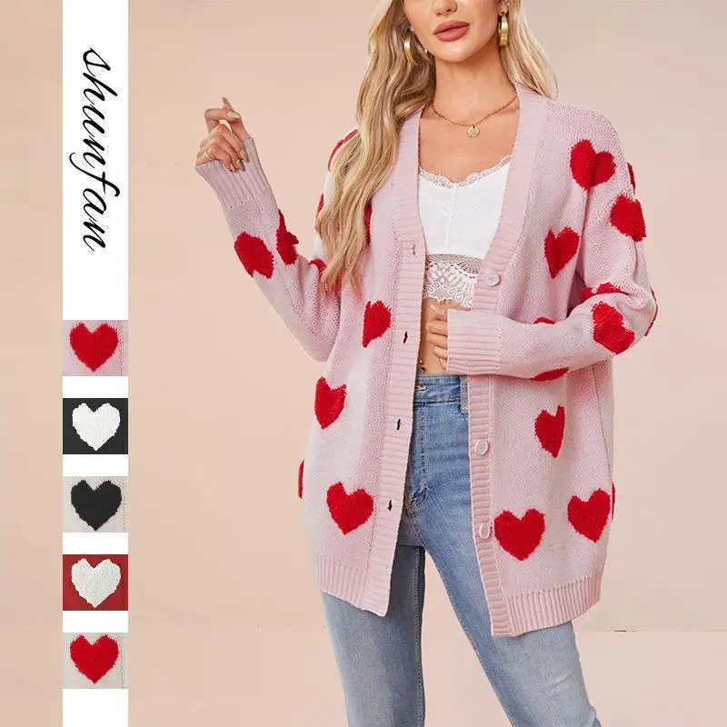 

Women's Knitted Cardigan V-Ne Buttoned Mid-Length Outerwear Vntine's Day Heart-aped Love Theme Thiened Long Sve