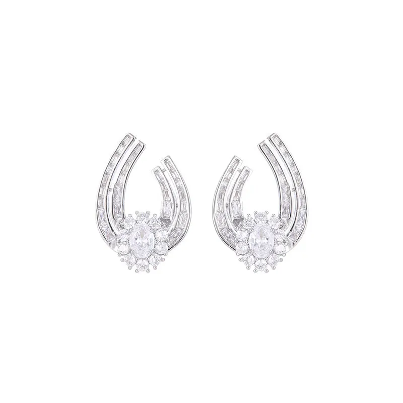 

FXLRY Classic Retro Design Encrusted Zircon Fashion Flower Earrings Double Row Long Square Shape Full Zirconium U-shaped Earring