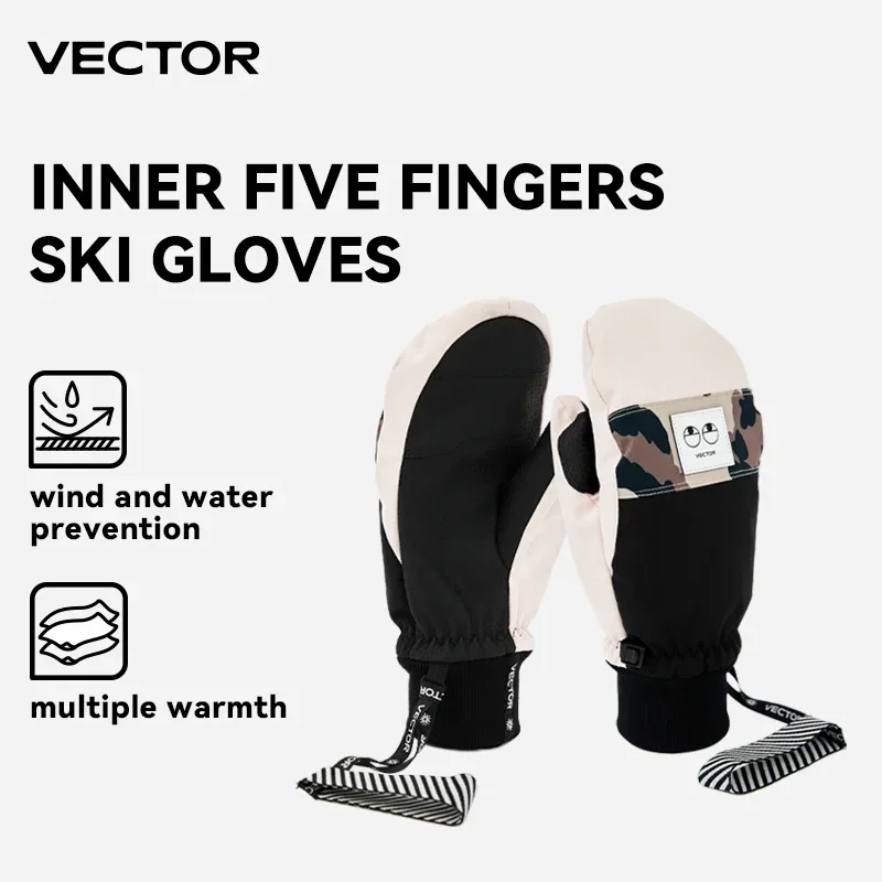 Vector-女性用5本指スキーグローブ、超軽量、厚手、暖かい、フリースミトン、防水、プロフェッショナル、スノーボード、冬