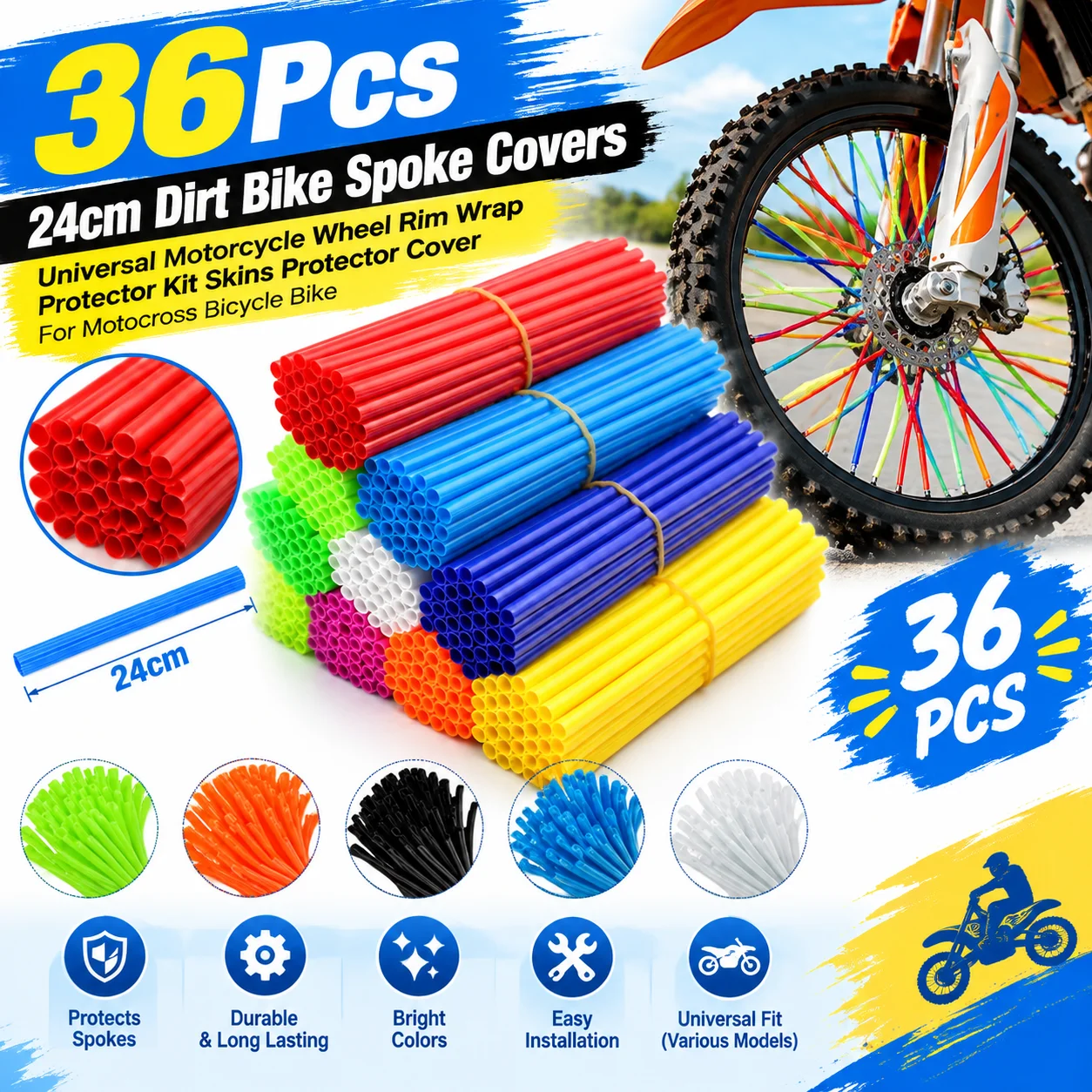 36Pcs 24cm Dirt Bike Spoke Covers–Universal Motorcycle Wheel Rim Wrap Protector Kit Skins Protector Cover For Motocross Bicycle