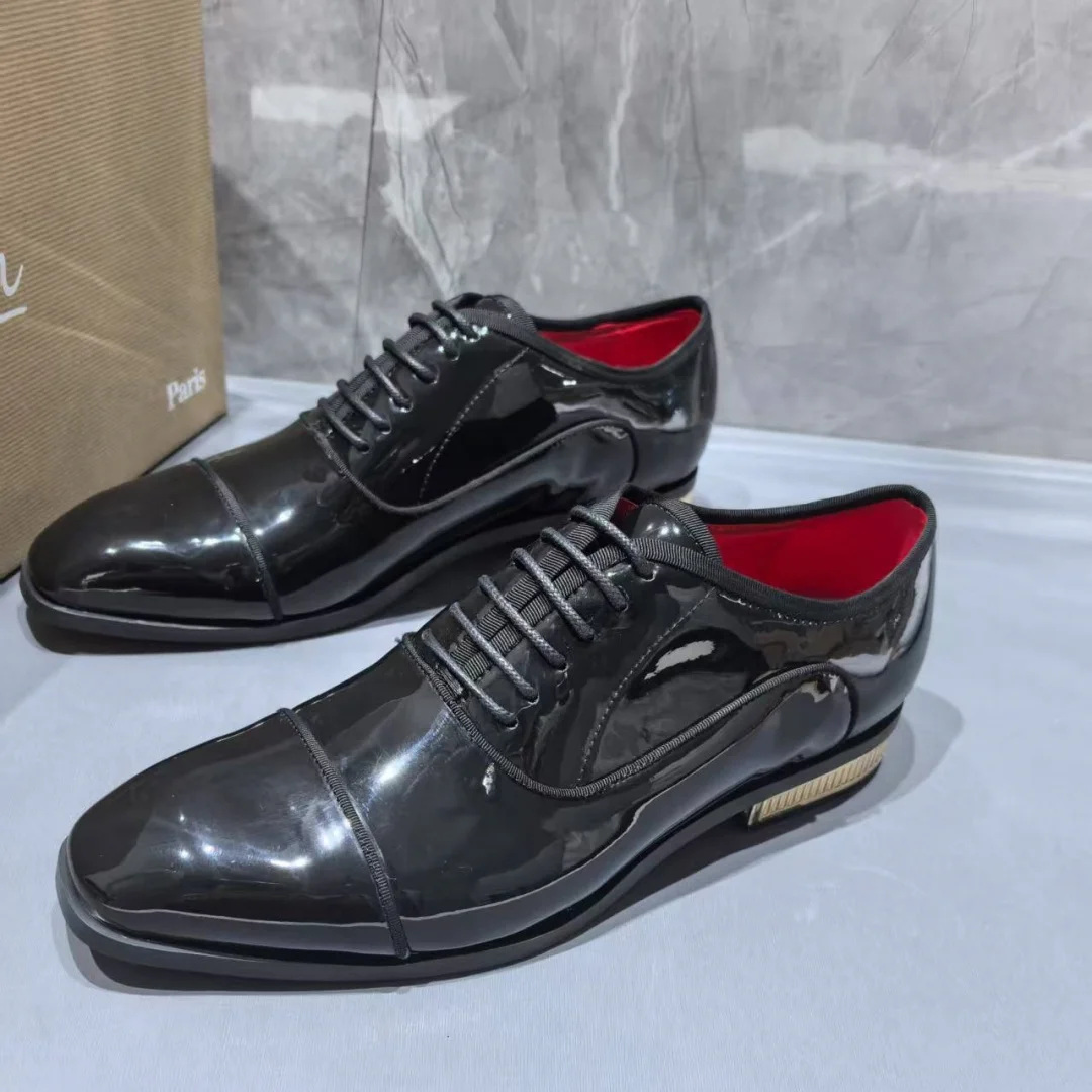 Lace-Up Red Sole Single Shoes Male Square Toe Red Lining Chaussur Metal Heel Chunky Low Heels Black Patent Leather Shoes For Men view 3