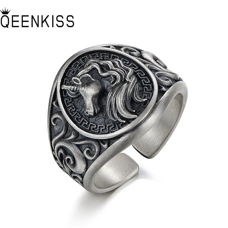 

QEENKISS RG6883 Fine Wholesale Fashion Single Man Father Party Birthday Wedding Gift Vintage Unicorn 925 Sterling Silver Ring
