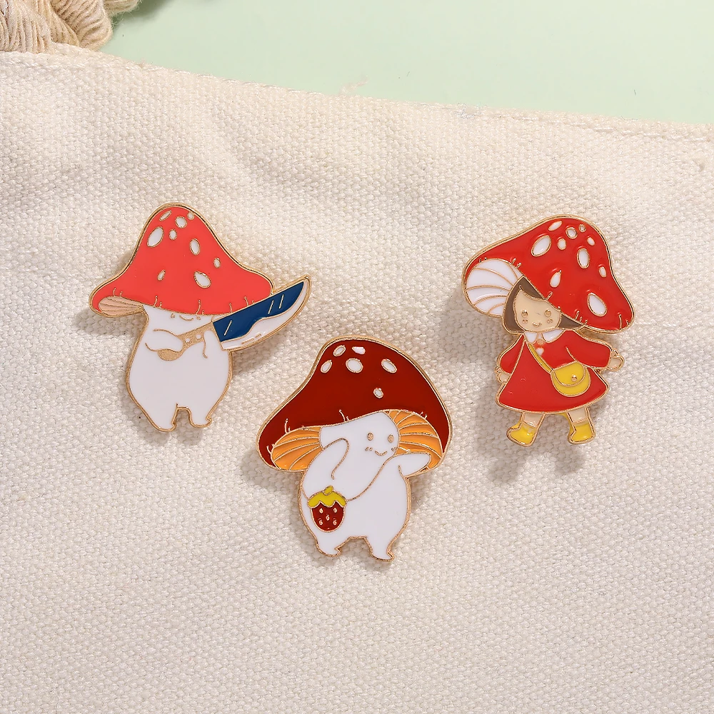 3Pcs/Set Cute Mushroom Series Pins Creative Girls Cats With Knife Pattern Enamel Golden Brooches