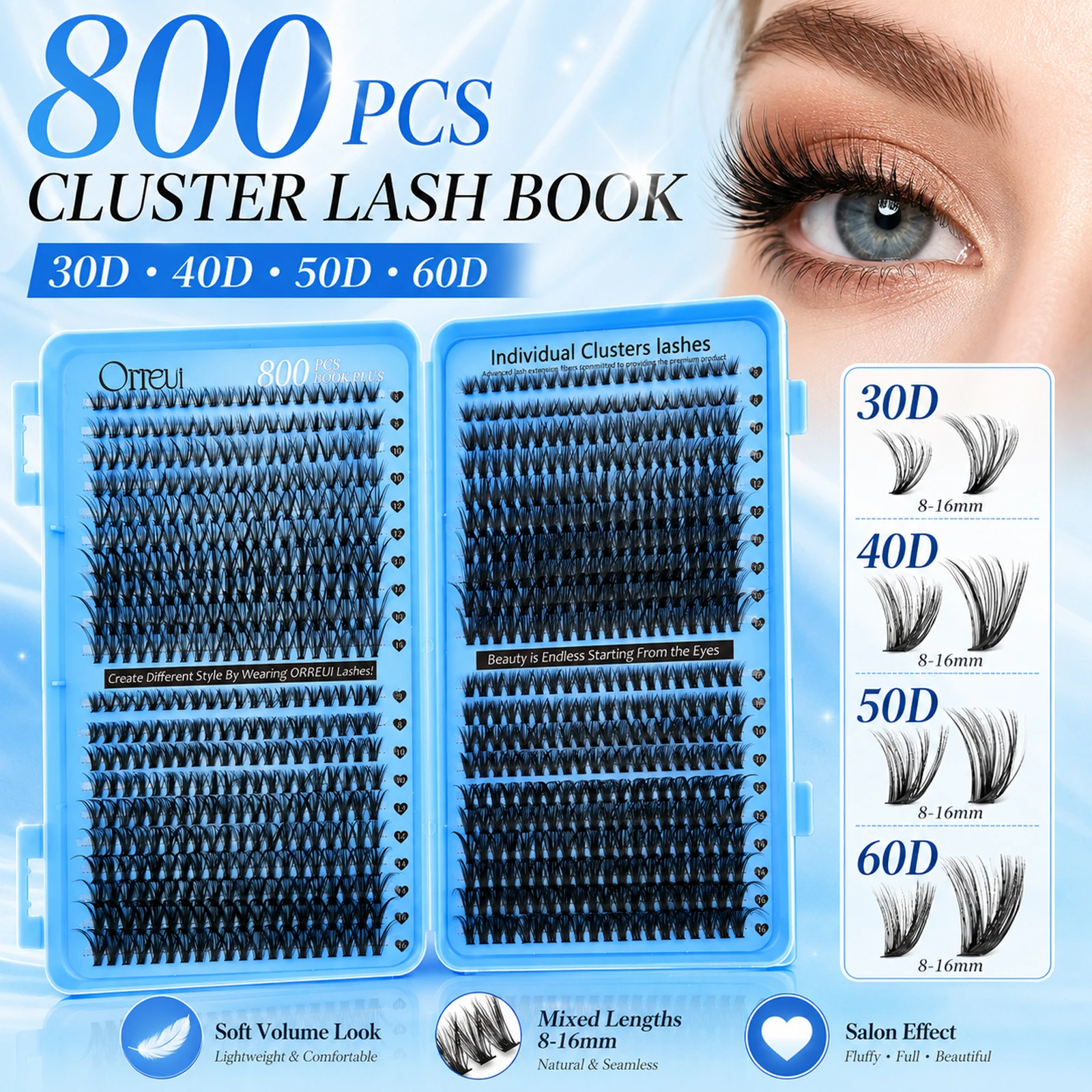 800PCS Cluster Lash Book 30D 40D 50D 60D 8-16mm Mixed Length DIY Individual Eyelash Extensions Soft Wispy Volume Lashes
