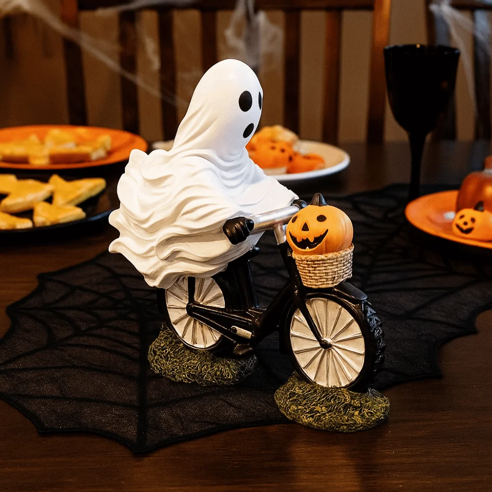 Creative Resin Ghost Bike Rider Funny Cartoon Ghost Figurines Ornament Handmade Ghost Statue Halloween