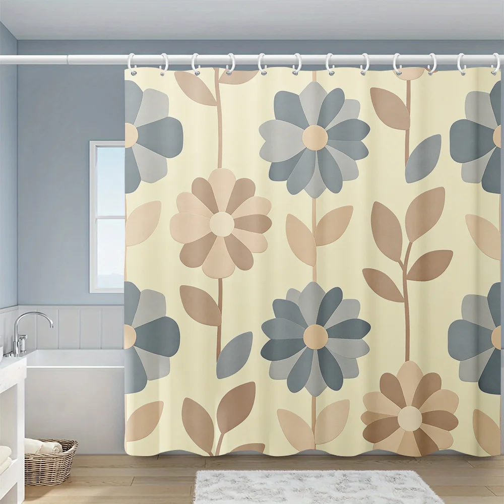 Modern Floral Abstract Pattern Shower Curtain Boho Leaf Design Waterproof Bathroom Decor Neutral Beige Dusty Blue Home Accent Cu