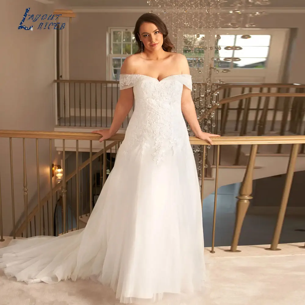 Vestido De novia De princesa con hombros descubiertos y cuello en V, traje De novia sencillo con apliques en tallas grandes, diseño NICEBDiseño princesa niceb hombro desnudo vestido de novia de cuello V simple aumento