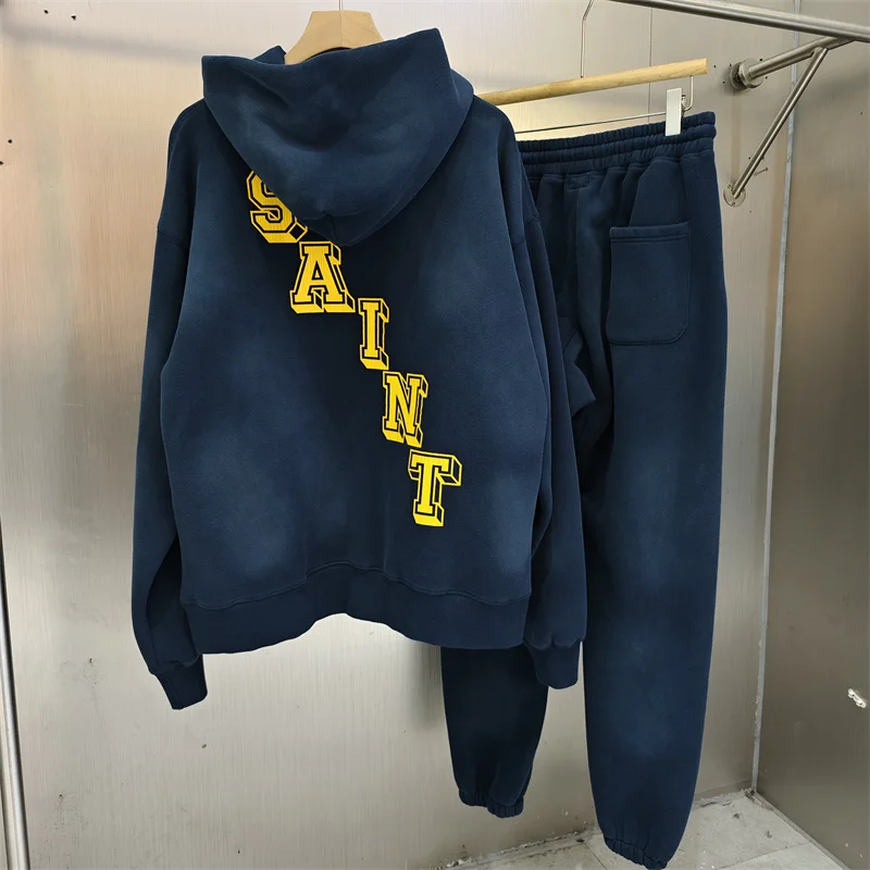 سويت شيرت بغطاء للرأس باللون الأزرق الداكن، بلوفر كاجوال فضفاض من القطن الخالص، قميص رياضي للرجال