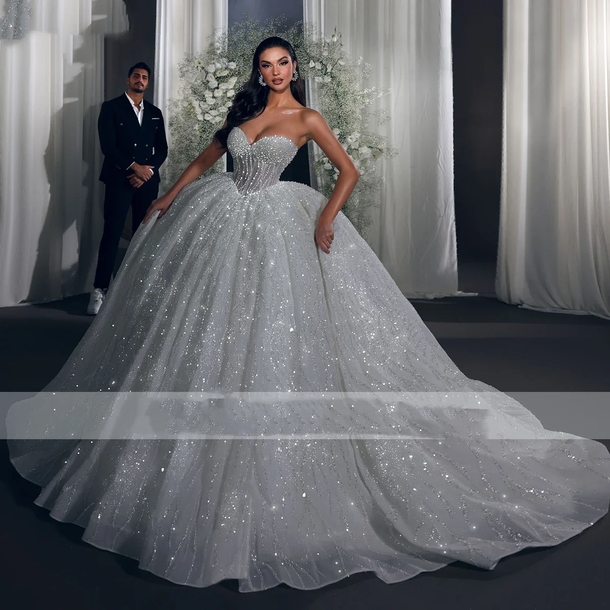 

On Zhu Customzied Strapless Pearls Beading Ball Gown Wedding Dresses 2025 Exquisite Embroidery Off Shoulder Princess Bridal Gown