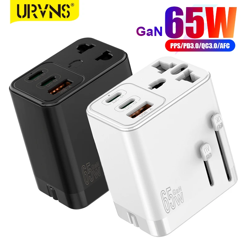 

URVNS 65W GaN Travel Plug Adapter with 2USB-C PD and 1USB-A Worldwide Universal Charger UK EU AU US Converter for Laptops Phones