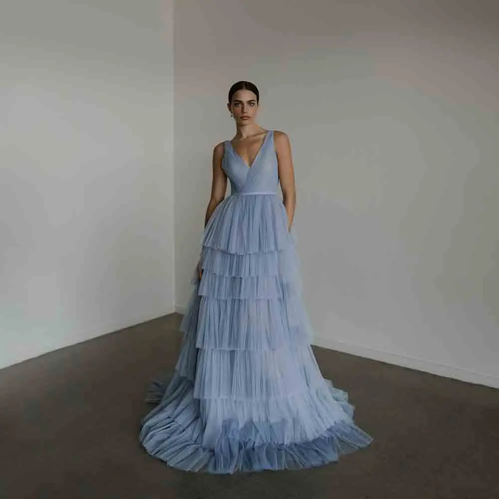 

Luxury Spaghetti Straps V-enck Chiffon Tiered Ruffles Prom Dress wtih Removable Sleeve A-line Court Prom Gown vestidos de novia