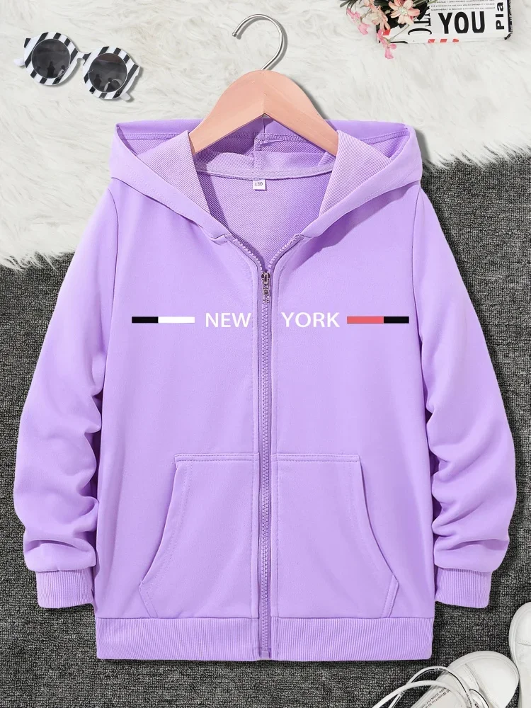 City Letter Theme Kids Zip Hooded Jacket Minimal New York Typography Stripe Chest Print Long Sleeve Oversized Daily Tops