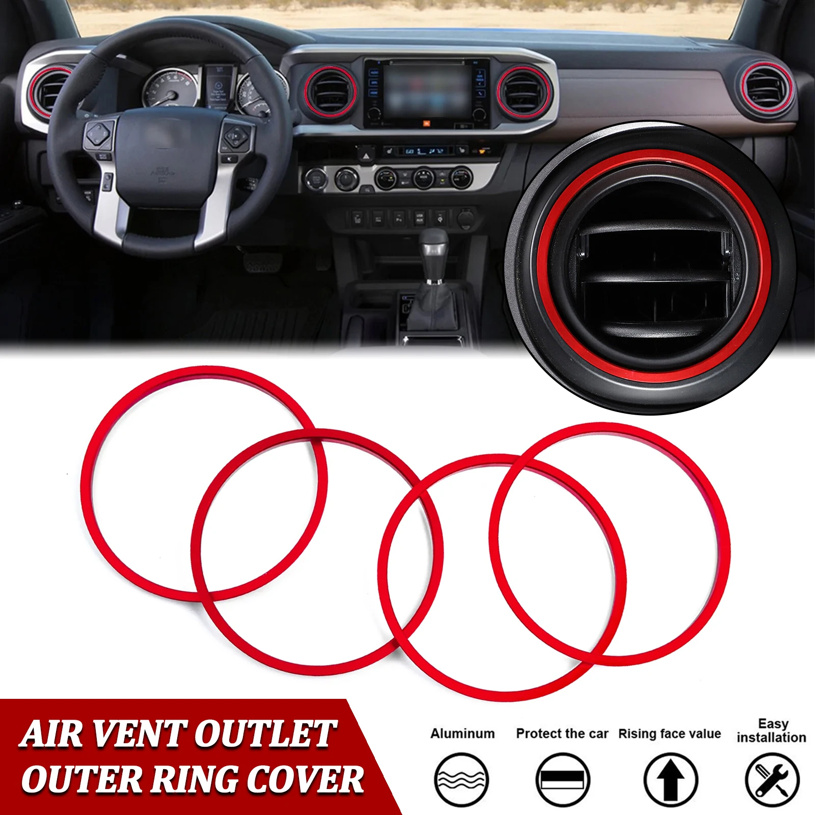 4pcs RED Car Interior AC Vent Outer Surrounding Circle Ring Trims For Toyota Tacoma 2016 2017 2018 2019 2020 2021 2022 2023