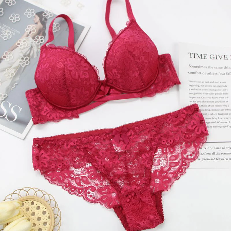 Dainafang Nieuwe Sexy Hoge Kwaliteit Bh Set Kant Bloemen Push Up Ondergoed Beige Blauw Roze Rood Wit Plus Size lingerie