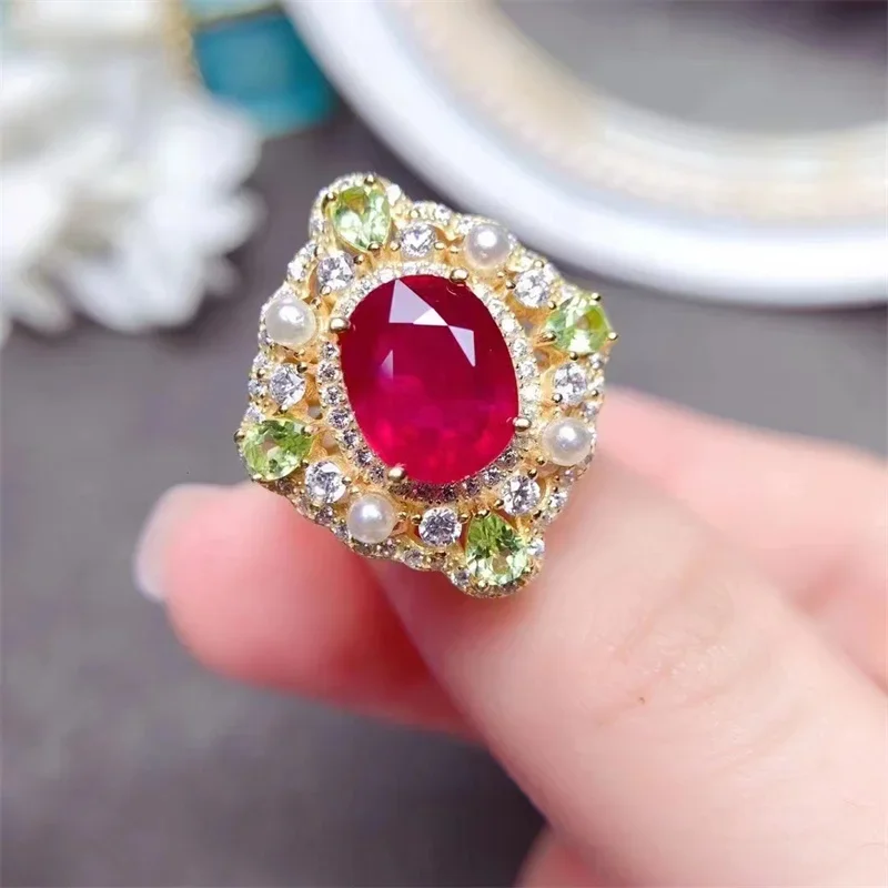 

Natural Ruby Ring In 925 Sterling Silver with Stone Peridot Zircon Pearl Jewelry for Women