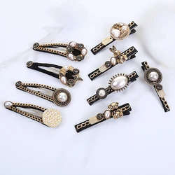 Korean New Vintage Bear Hair Clip Headdress with Chain Pearl Hairpin Card Duckbill Edge BB Clips Accessoires Femme Pince Cheveux