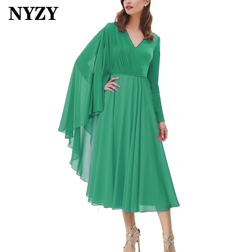 

M402C NYZY Vintage Chiffon V-Neck Cape Long Sleeves Short Prom Dresses Party Cocktail 2023