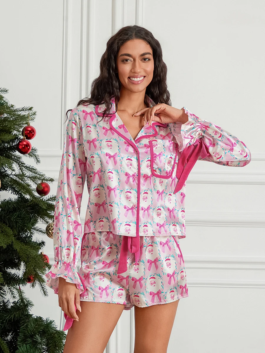 New Women Women Christmas Pajama Set Santa/Tree Print Lapel Neck Button-up Long Sleeve Tops Shorts 2-Piece Loungewear Outfit