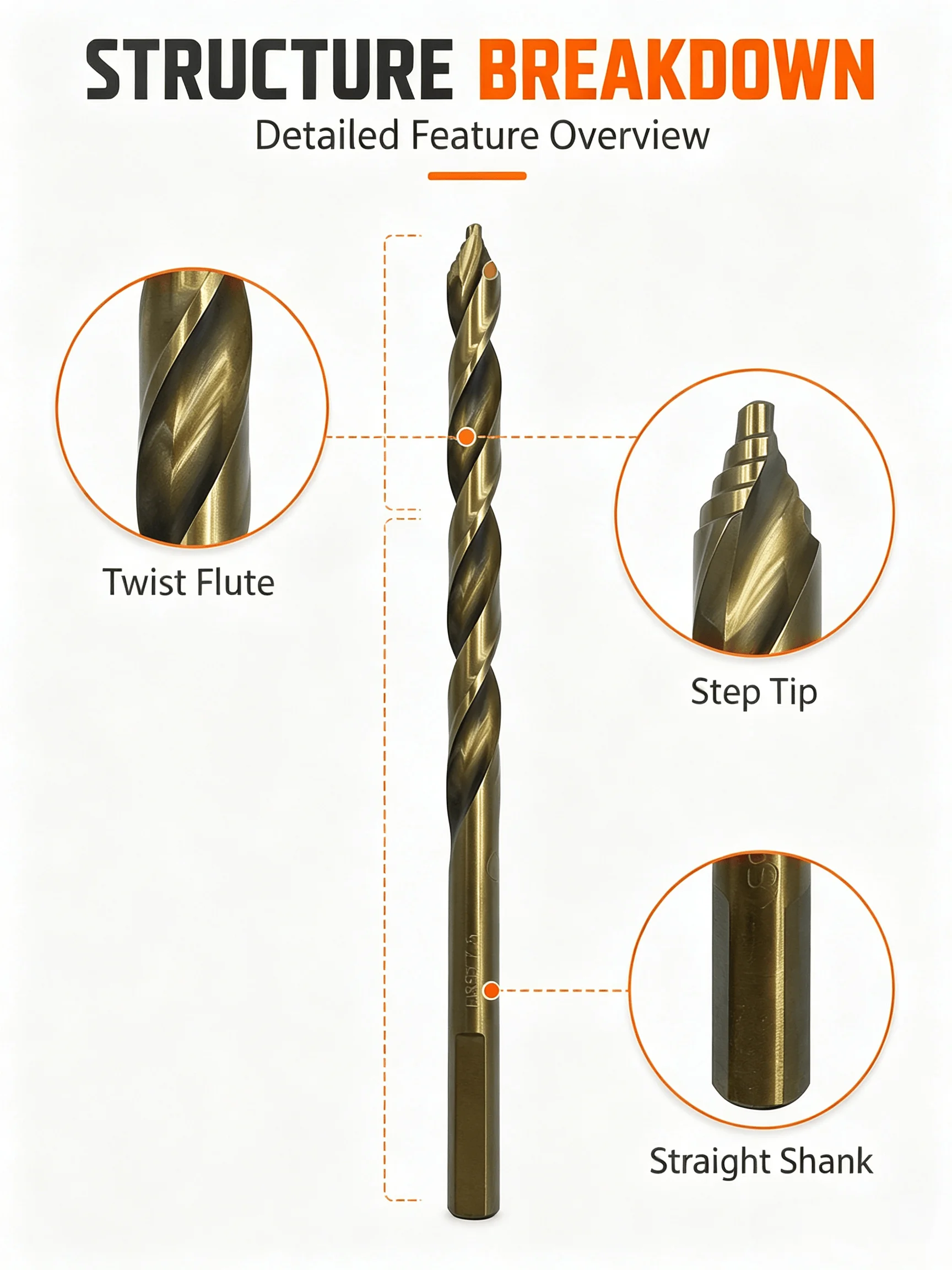 Titanium Coated HSS Step Drill Bit 6.5mm Straight Shank Precision Drill Bit for Metal Wood Plastic Working