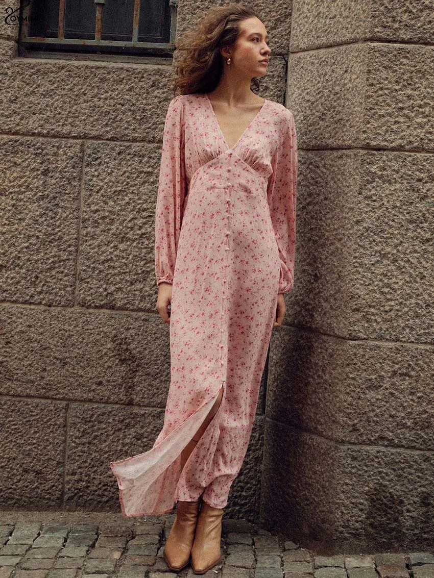 

Oymimi Elegant Pink Prin Dresses 2025 Woman Fashion V-Neck Long Sleeve Single Breasted Dress Autumn Straight Ankle-Length Dress