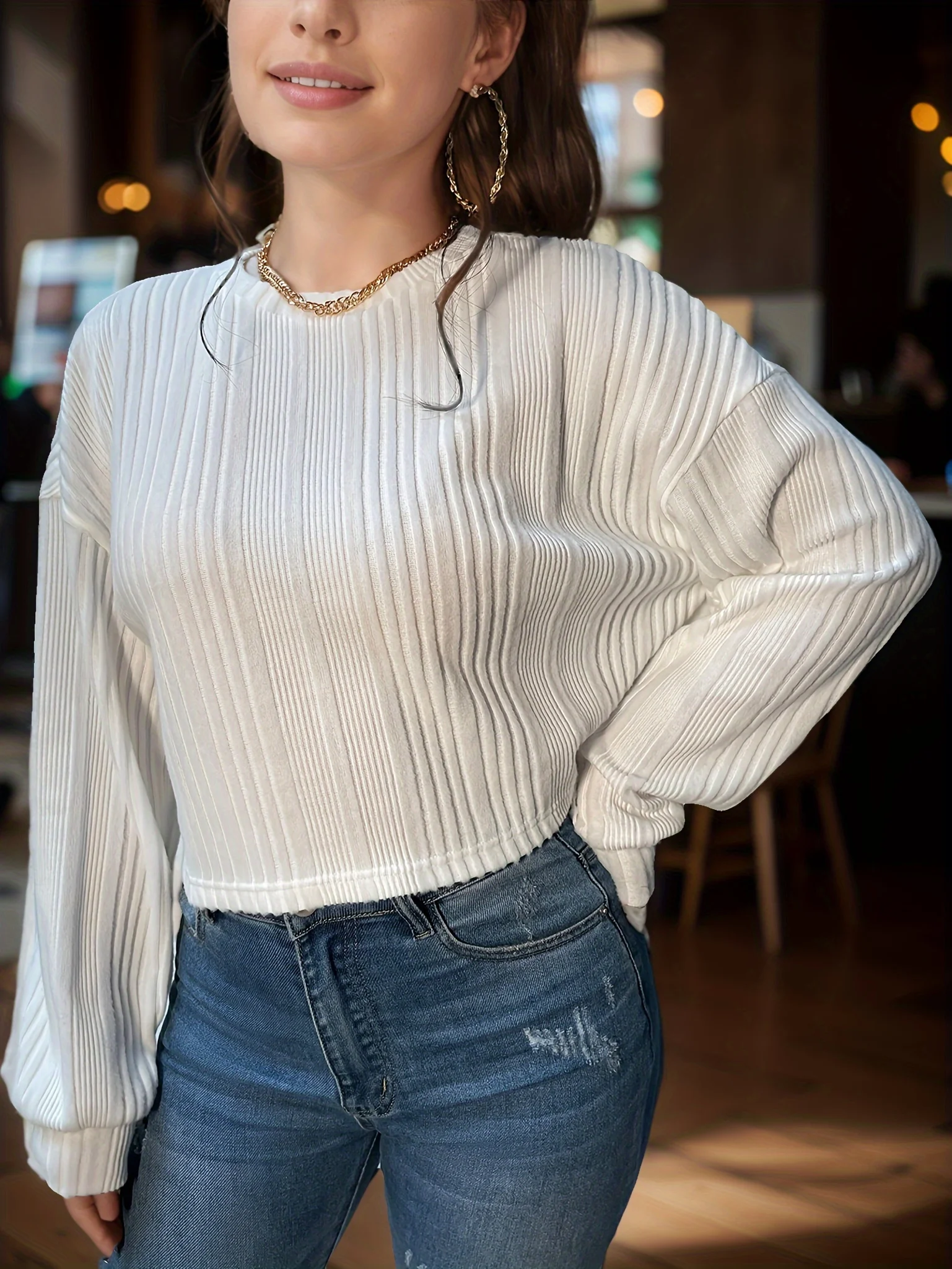 Elegant Fashionable Women's White Overhead Sweater Stylish Chic Ladies' Top view 3