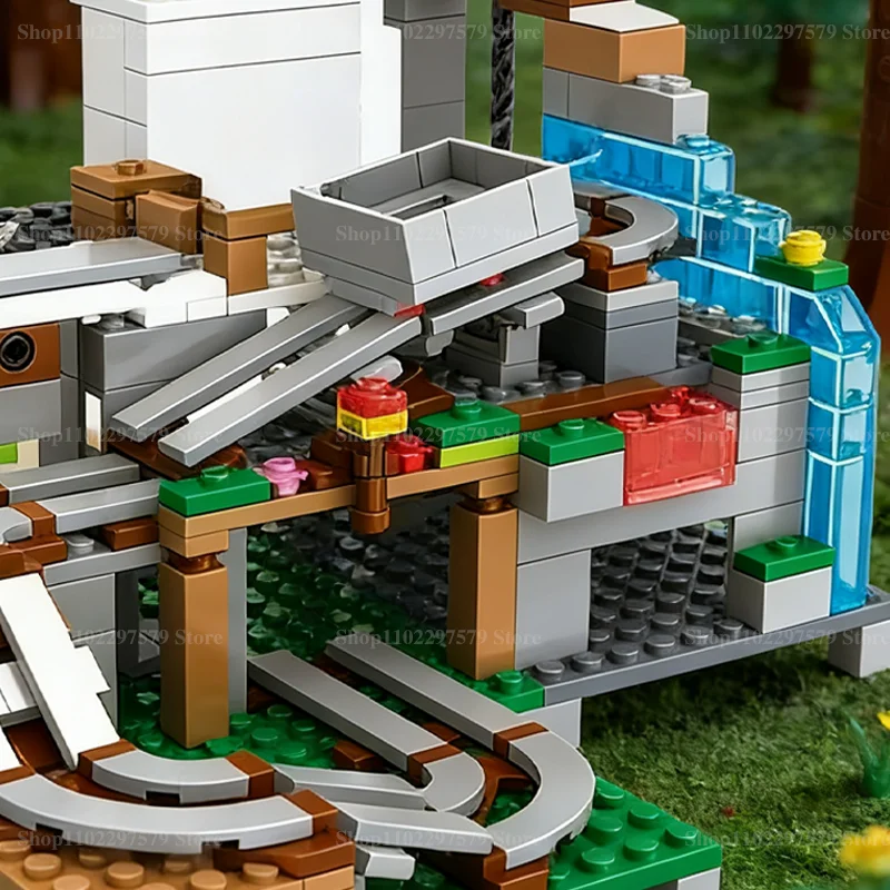 600PCS+ Building Village Tree House Waterfall Dig Mine Shaft Monster Railway Ore Car Building Blocks Toys For Kid Birthday Gifts