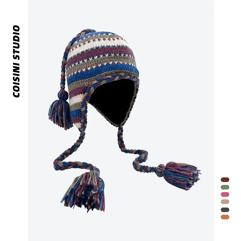 

Высококачественный пуловер ручной вязки в этническом стиле, зимние мужские и женские бархатные теплые полосатые шапки-бомберы на шнуровке для защиты ушей