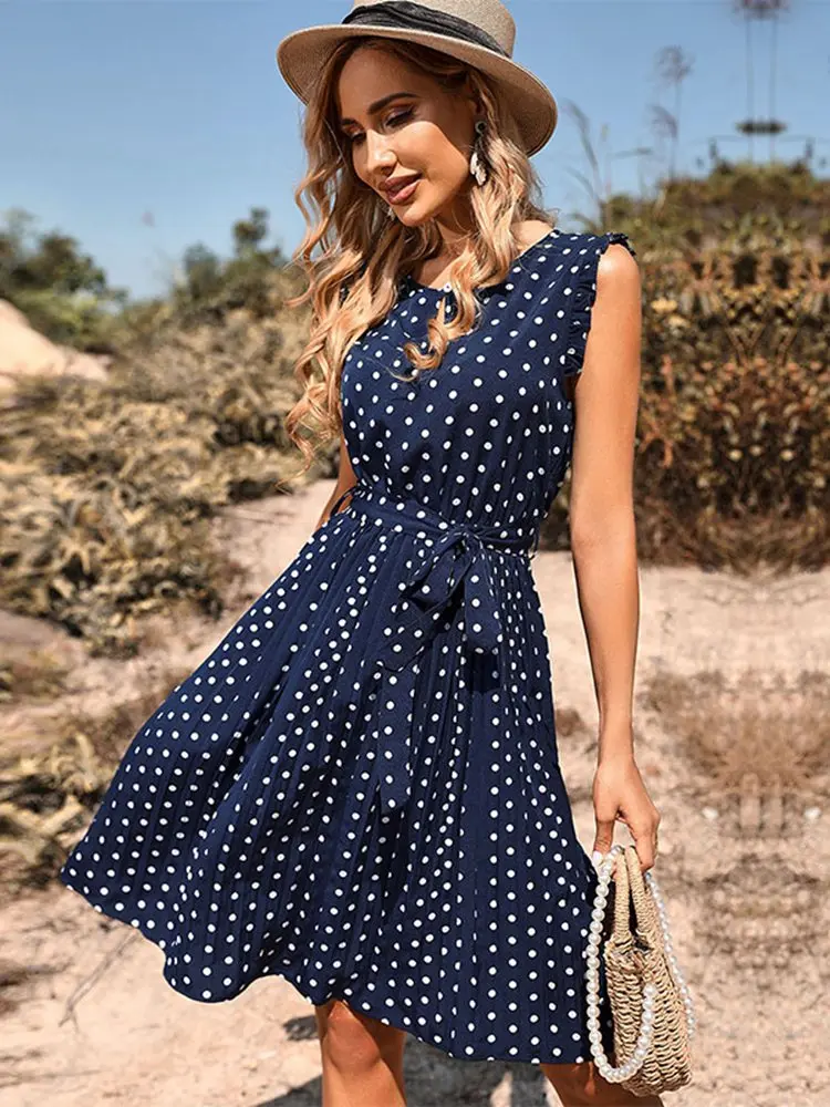 2022 New Summer Fashion A Line Printed Dress For Women's Crew Neck Short Sleeve Polka Dot Pleated Chic Lace Up Dress