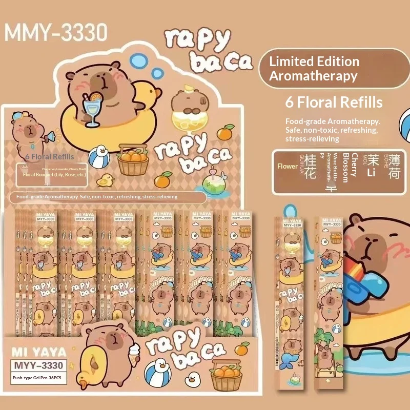 

Cute Capybara Scented Gel Pens Set 36PCS Floral Fragrances Retractable Neutral Ink Pen for School Office Stationery Kids Gift