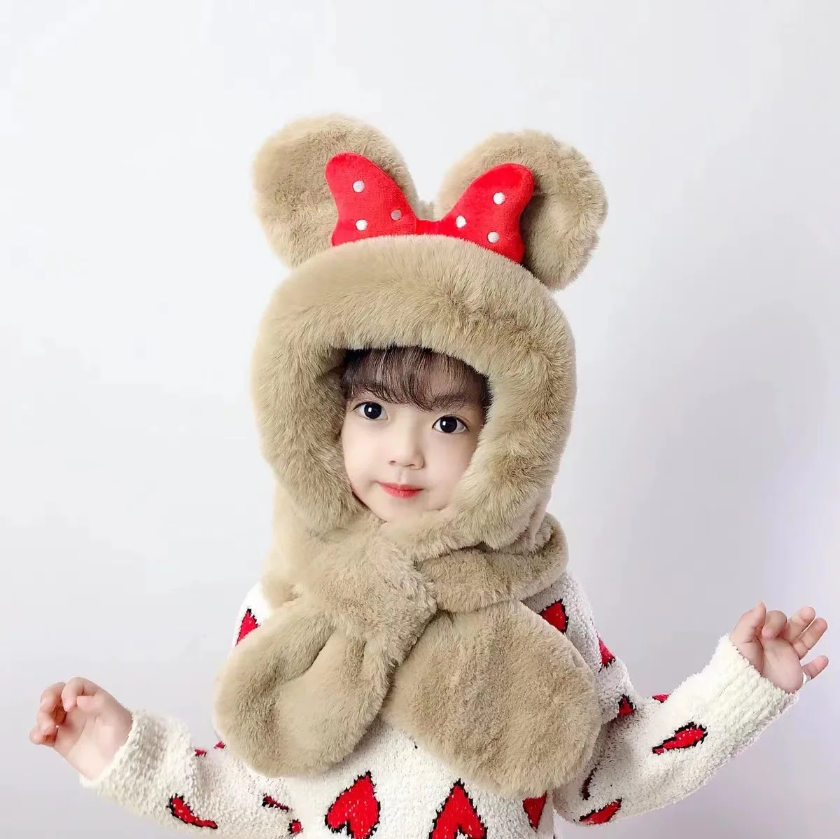 Disney Children Hat Scarf Set Winter Warm Thicked Ear Protection Hats for Baby Girls Cute Minnie Bow Outdoor Thermal Velvet Cap