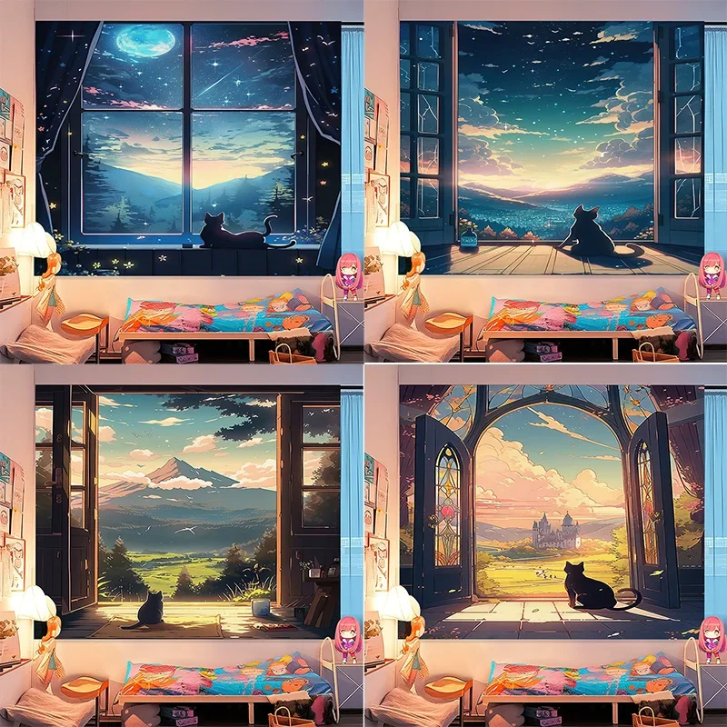 Nette Katze Landschaft Hintergrund Tuch Tapisserie Wandbehang Raum Dekoration Artikel Ästhetische Wohnheim Wohnkultur Hintergrund Tuch