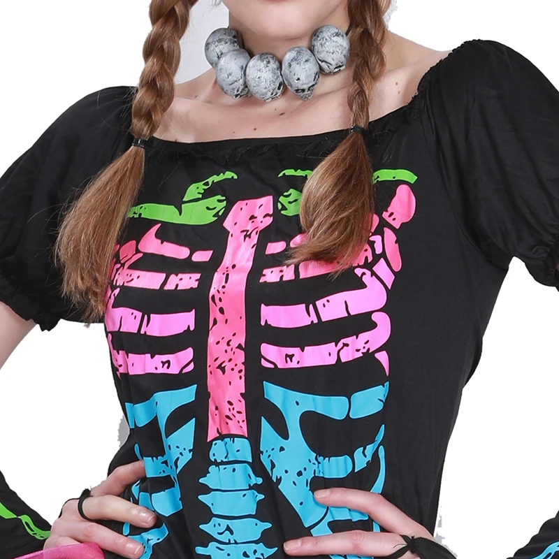 Frauen Bunte Schädel Kleid Halloween Kostüme Weibliche Sexy Punky Skeleton Kleidung Cosplay Phantasie Kleid Party Karneval Ostern Purim